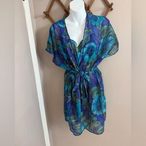 VTG Undercover Wear 2Pc Floral Nightie & Robe Set Blue M/L 80s set.